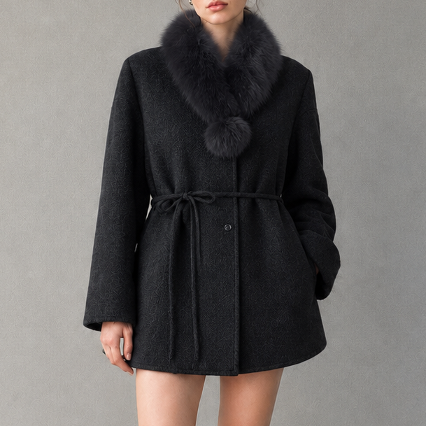 2026 Autumn/Winter Women's Wool Coat, Solid Color Mid-Length Belted Coat with Cashmere Fur, Breathable Loose Outerwear F8917