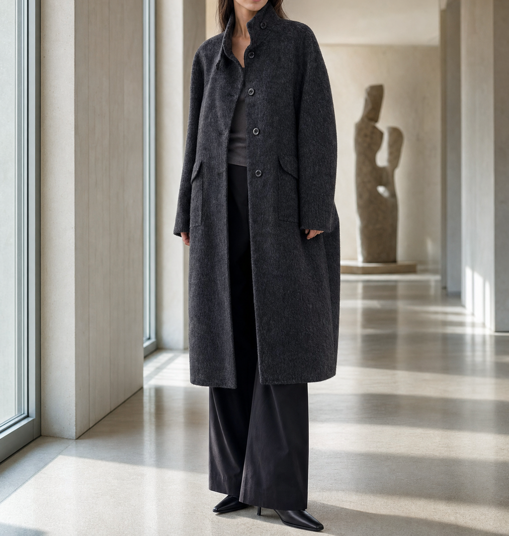 Women's Luxury Woven Wool Overcoat Long Stand Collar Cashmere Lining Thick Warm Winter Coat 835