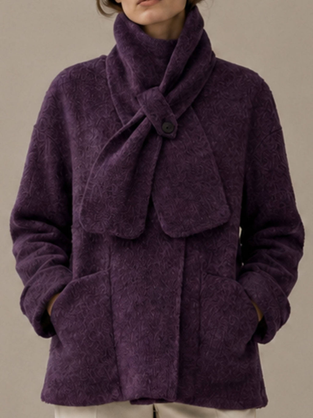 Women's Cashmere Coats with Scarf Collar Solid Color Full Sleeve Elegant Winter Coat GC0006