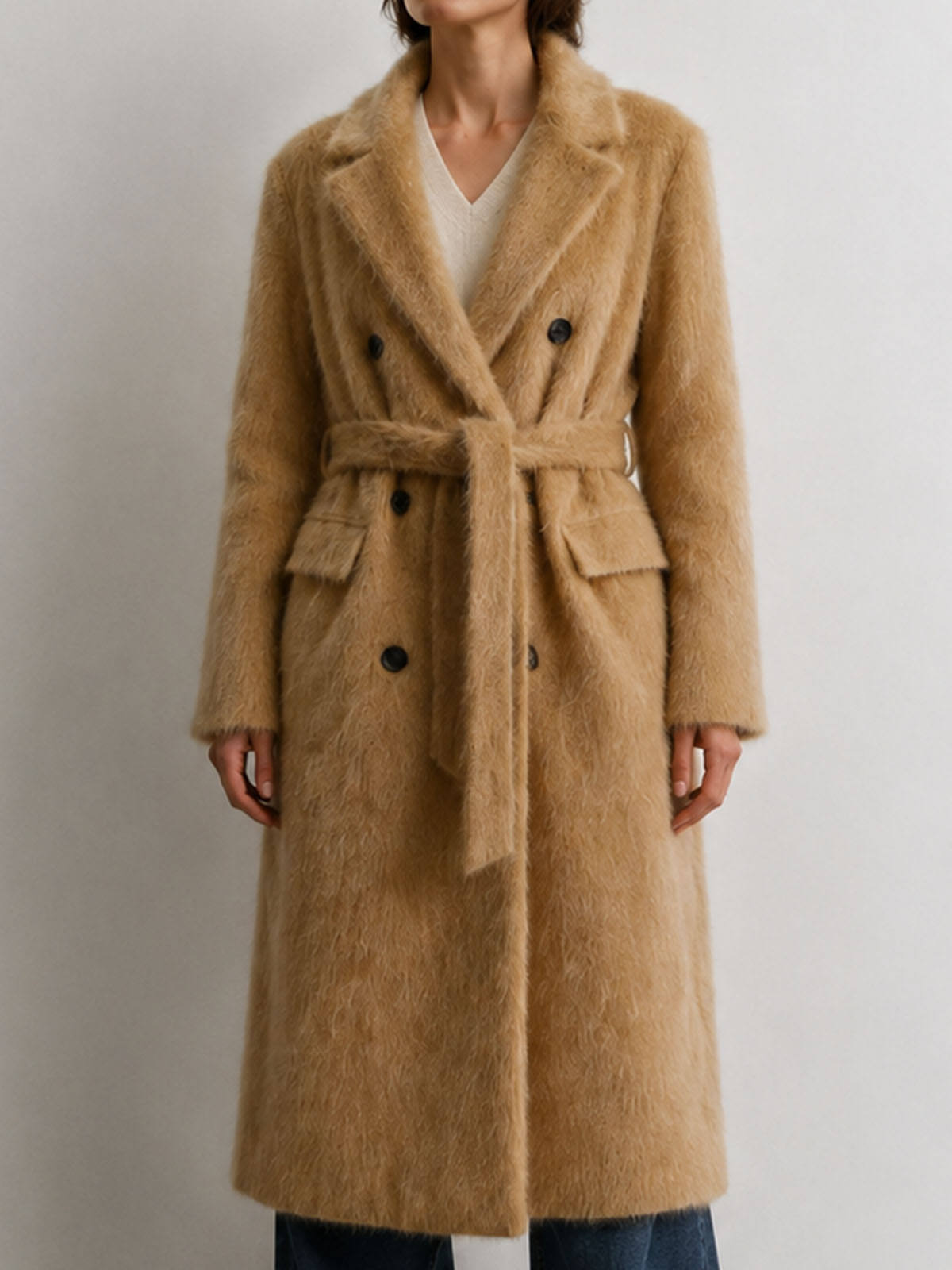 Elegant Casual Camel Hairy Wool Double Breasted Belted Winter Coat for Women Windproof Warm Keeper GC0031