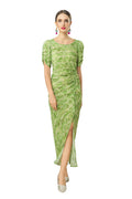 Plus Size 2026 Summer French Fresh Dress, Green Print Crew Neck Short Sleeve Waist Ruched Slit Hem Women Dress