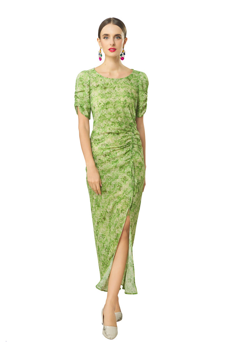 Plus Size 2026 Summer French Fresh Dress, Green Print Crew Neck Short Sleeve Waist Ruched Slit Hem Women Dress