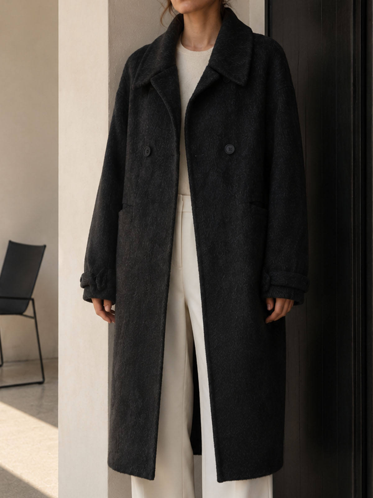 Winter Women's Fashionable Office Lady Woolen Trench Coat Double Breasted Slim Fit Long Sleeve Lapel Button Long Length GC0011