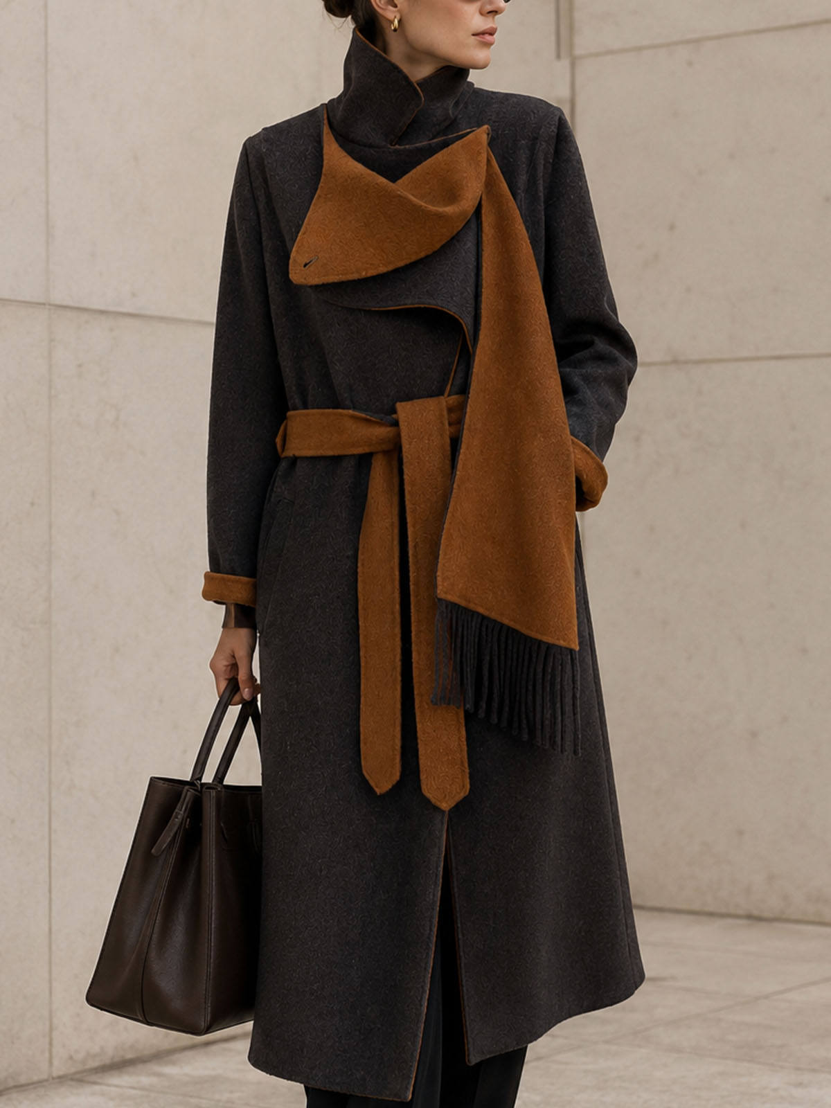 2026 New Arrival Winter Women's Charcoal Wool Coat Integrated Scarf Single Button Minimalist Longline Overcoat Thick GC0005