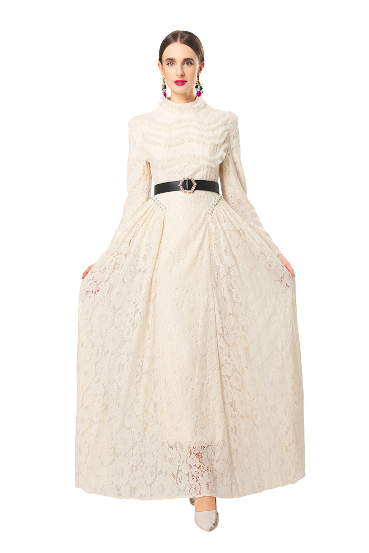 Plus Size Women Romantic Dress, Pearl Lace Floral Ruffle Crew Neck Cow Horn Shoulder Belted Long Sleeve Swing Dress