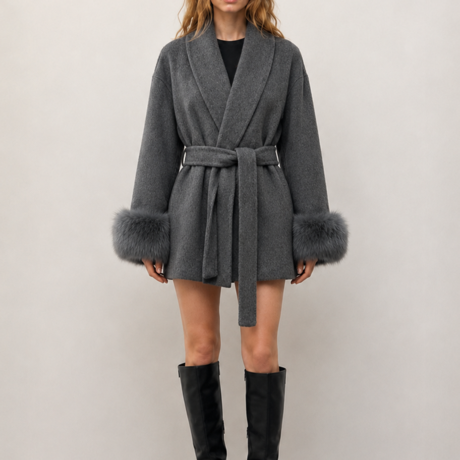 Elegant Women's Winter Coat with Detachable Genuine Fox Fur Trim Breathable Hand Sewn Wool Casual Short Length Belt Closure L26101
