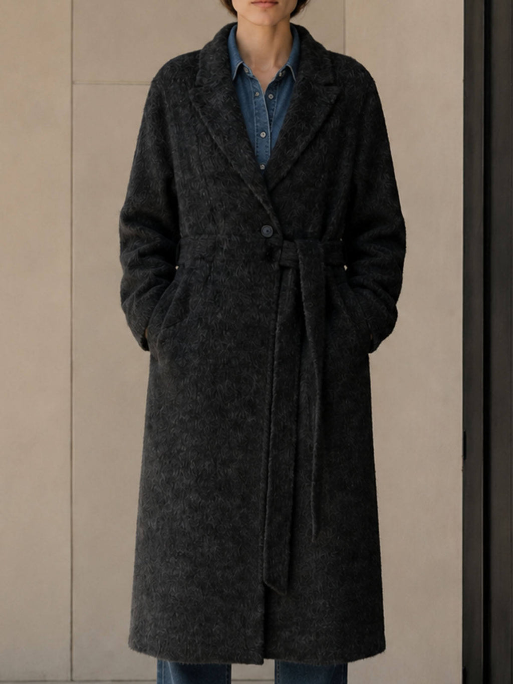 Women's Elegant Charcoal Belted Woolen Eco-Friendly High Street Regular Down Overcoat Turn-down Collar Winter Outerwear GC0012