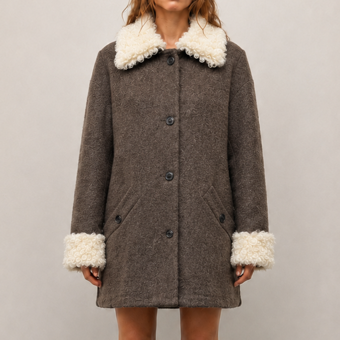 Women's Autumn Mid-Length Wool Coat with Shearling Collar, Reversible Double-Faced Wool Jacket J2613