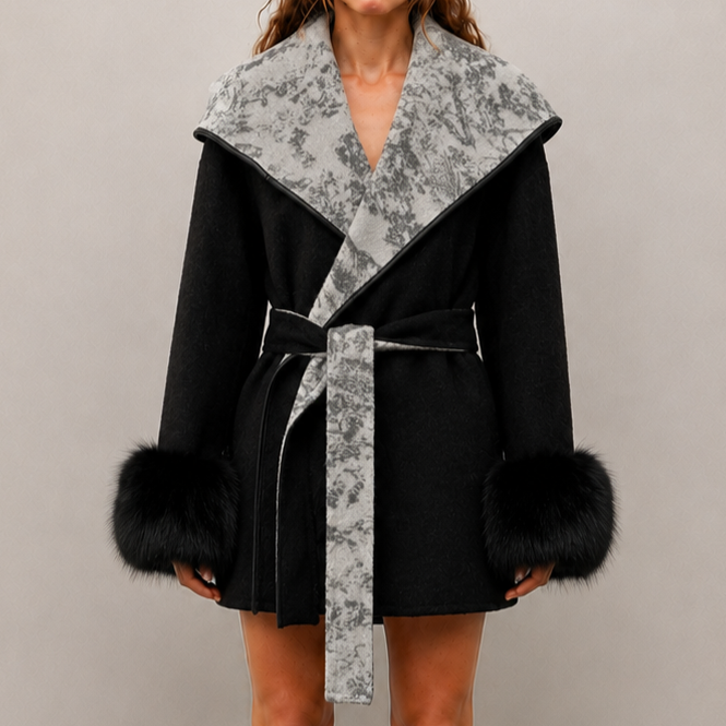 2026 New Women's Autumn/Winter Loose Fit with Cinched Waist, Lapel Collar, Detachable Fox Fur Trimmed Sleeves, Thick Outerwear L25122