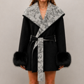 2026 New Women's Autumn/Winter Loose Fit with Cinched Waist, Lapel Collar, Detachable Fox Fur Trimmed Sleeves, Thick Outerwear L25122
