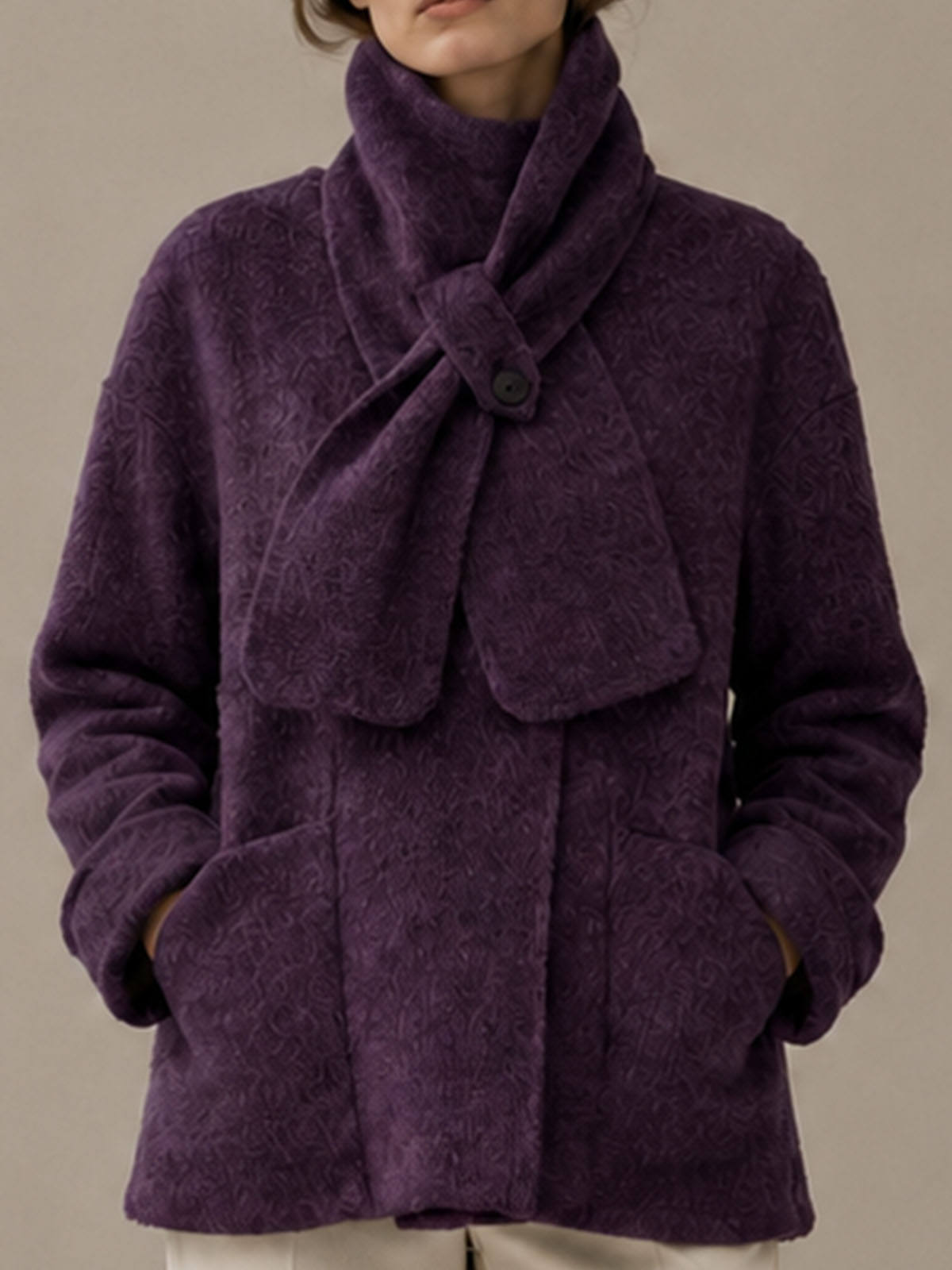 Women's Cashmere Coats with Scarf Collar Solid Color Full Sleeve Elegant Winter Coat GC0006