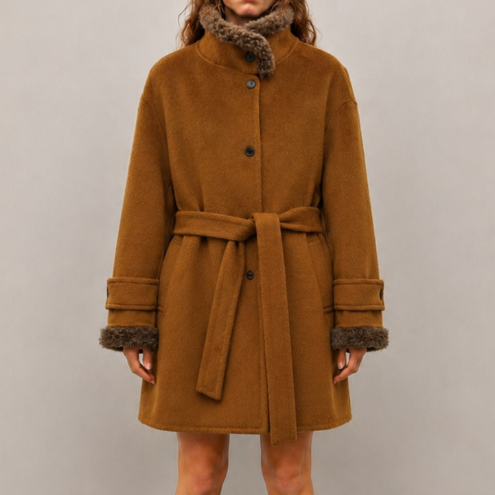 Women's Wool Woven Coat with Belt Closure Breathable Stand Collar Midi Length Casual Winter Designer Clothing H2751