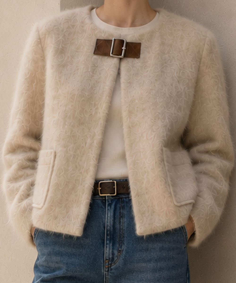  Women's Winter Woolen Collarless Mohair Blend Open Front Elegant Solid Color Full Sleeve Regular Length Jacket Leather Buckle GC0039