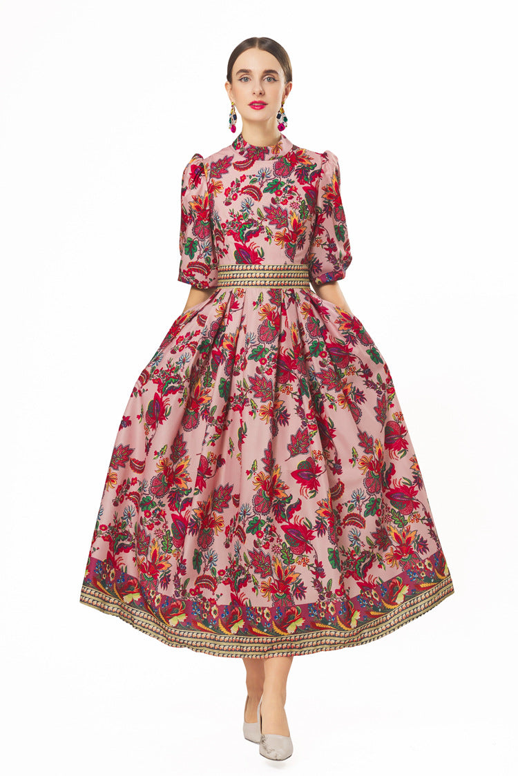 New Women Plus Size Dress, Premium Fabric Printed Cow Horn Shoulder Short Sleeve Slim Waist Dress