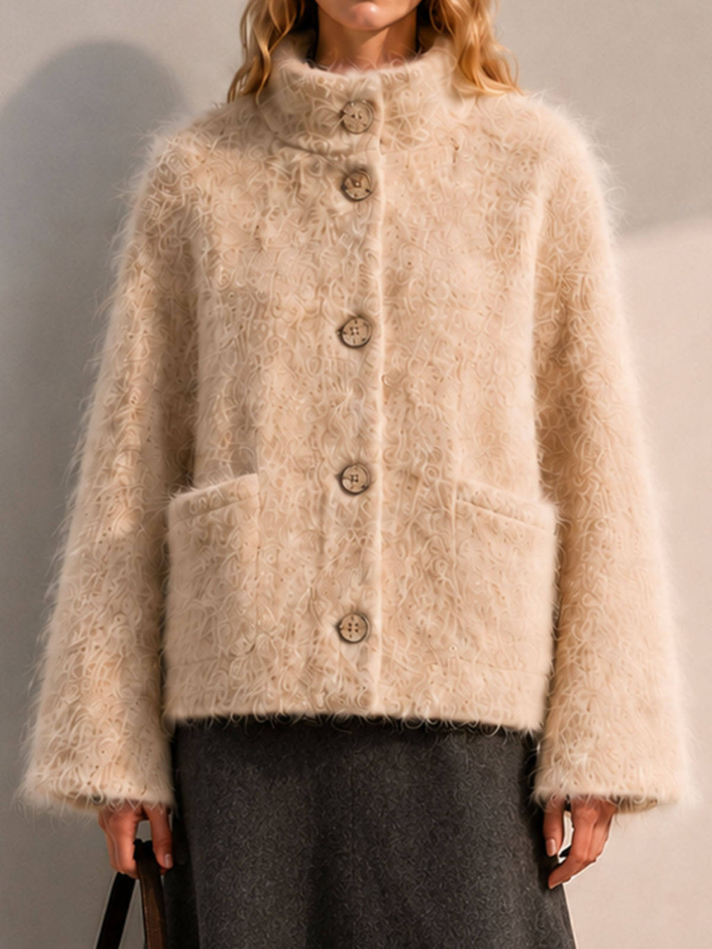 Single Breasted Stand-collar Hand-sewn Thick Casual Solid Color Womens Woolen Coat Single-faced Cashmere Winter Full Sleeve GC0035