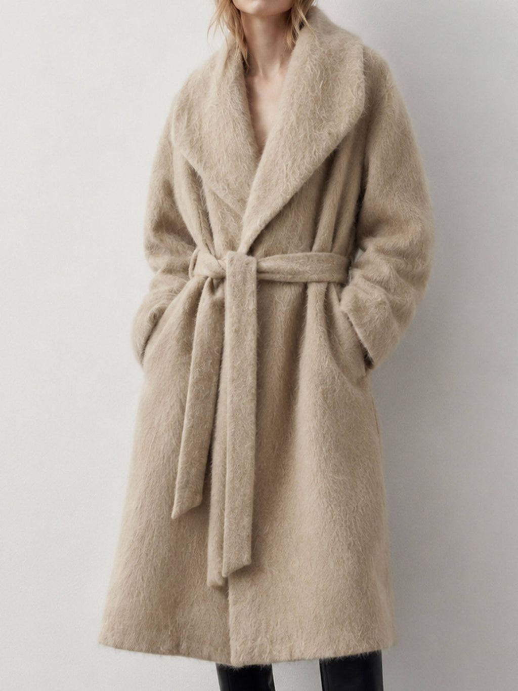 Elegant ENGLAND STYLE Regular Woolen Mohair Blend Wrap Coat Women's Oversized Belt Closure Winter Outerwear GC0049