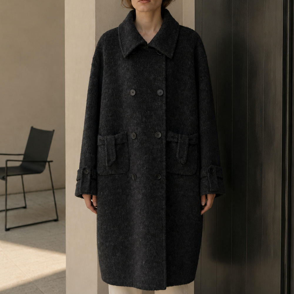 Women's Eco-Friendly Winter Double Breast Woolen Overcoat Casual Solid Long Coat Filled Cotton Lined Polyester Button Detail GC0019