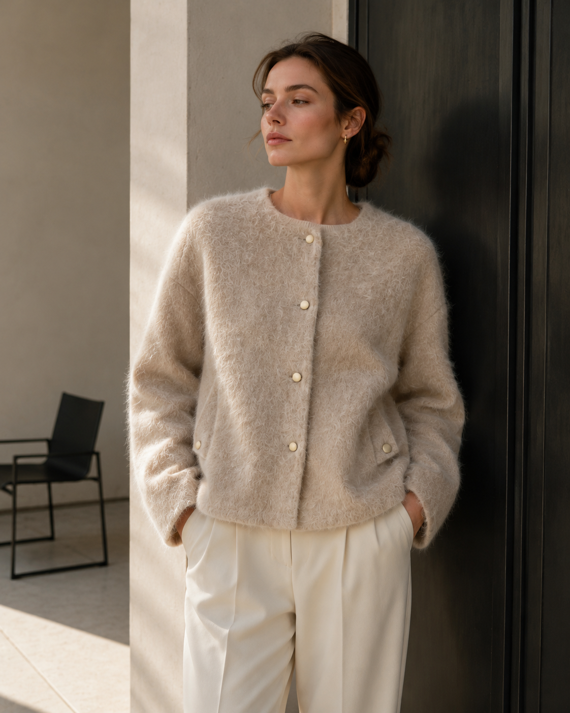 Women's Winter Single Breasted Woolen Alpaca Blend O-Neck Thick Luxury Hairy Wool Solid Pattern Casual Coat GC0052