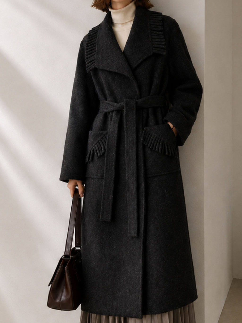 Women's Belted Cashmere Wool Blend Long Coat with Pleated Detail Elegant Winter Overcoat Hand Sewn GC0007