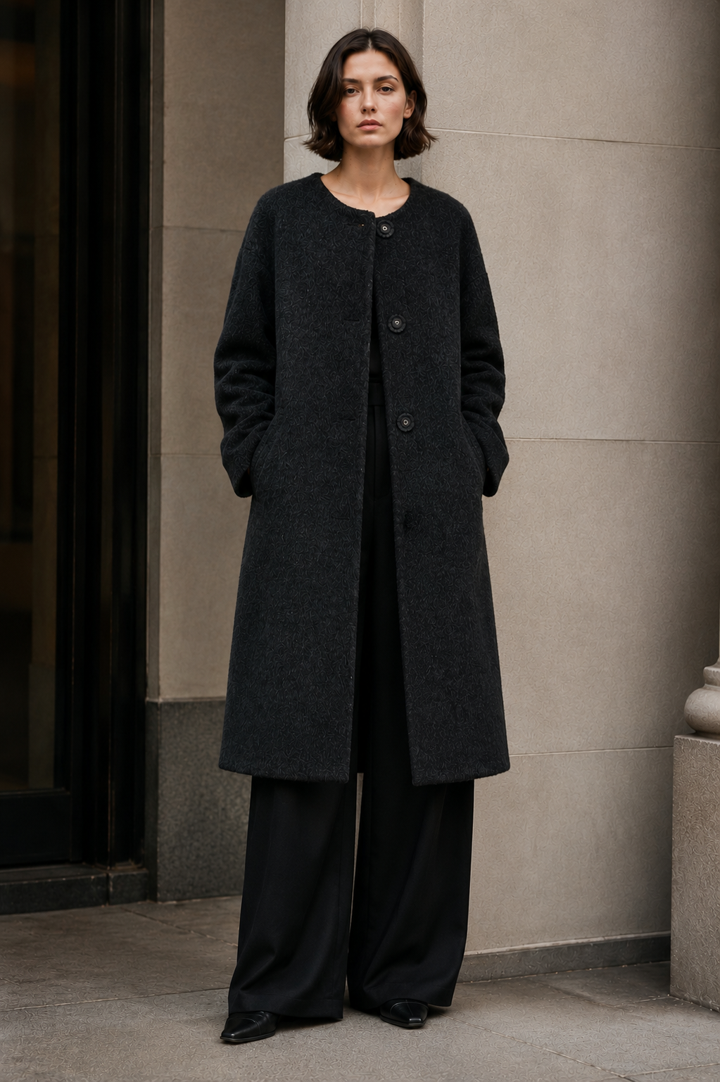 Women's Alpaca Blend Collarless Long Coat Casual Elegant Hairy Wool Winter Overcoat Single Button Thick Solid Color GC0004
