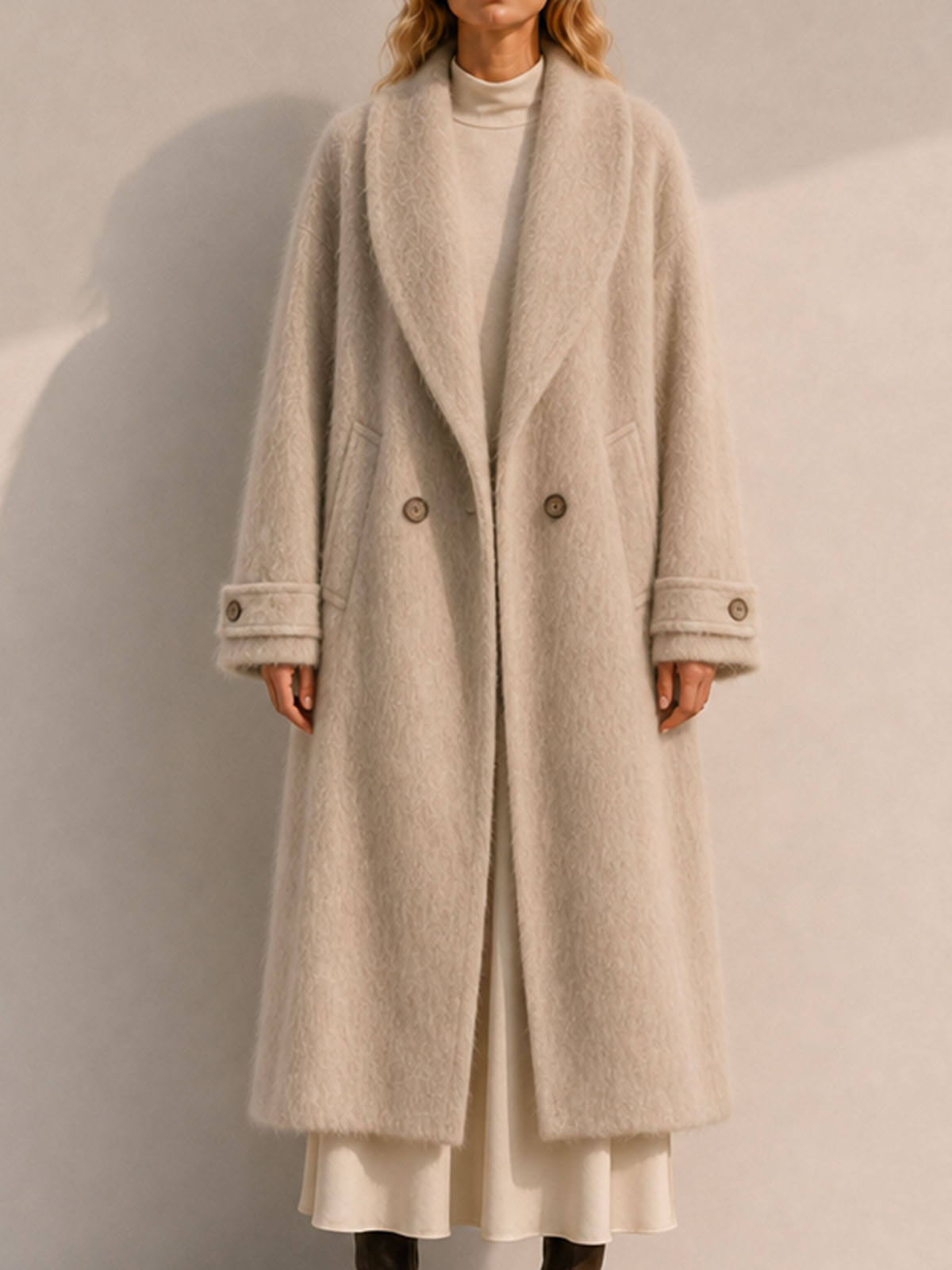 Women's Double Breasted Knitted Brushed Cashmere Hand-knitted Button Oversized Regular Winter Coat Elegant Full Sleeve Design GC0045