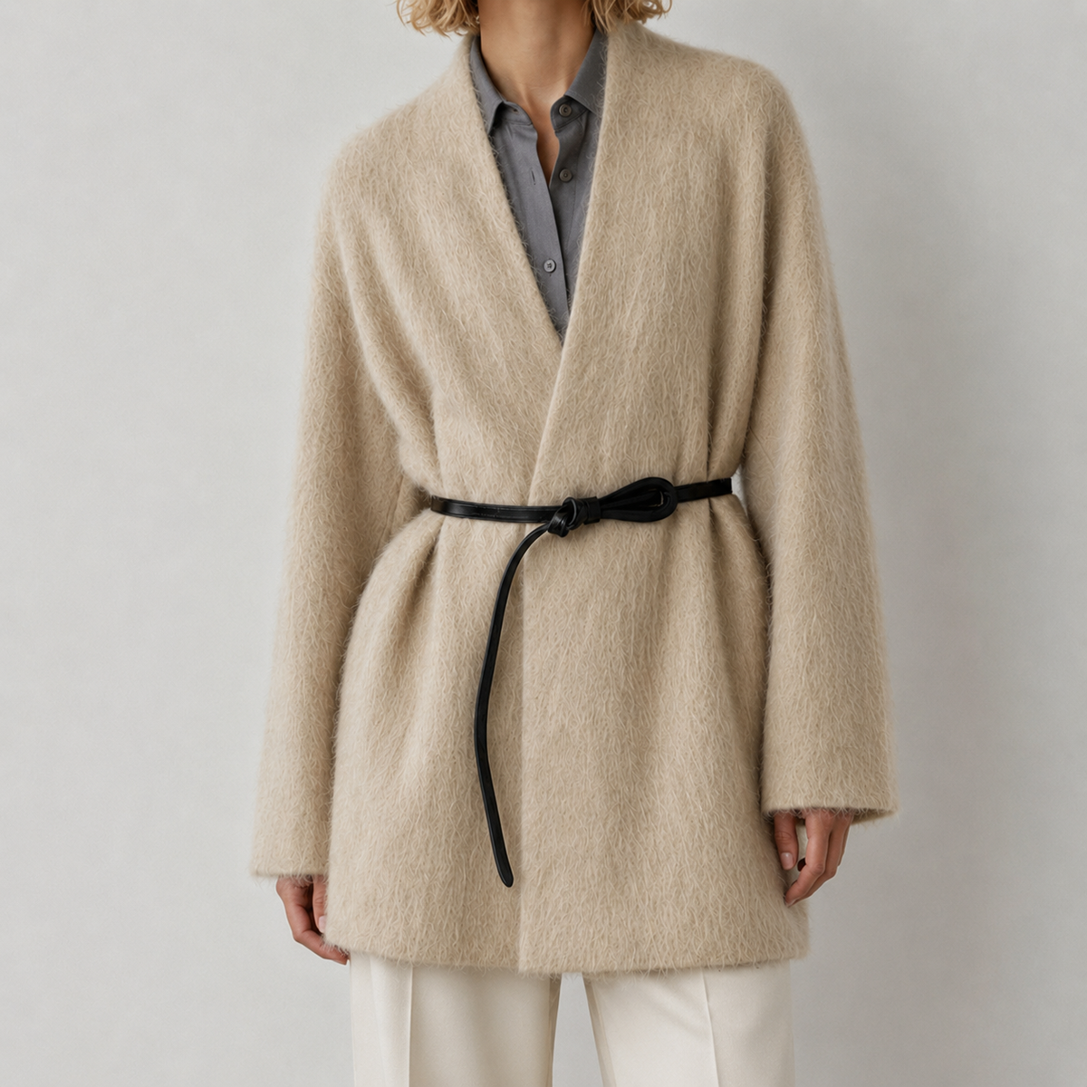 Women's Winter Wool Blend Fuzzy Thick Solid Color Hand-sewn Coat Belted Long Hair Minimalist Luxury Outerwear GC0044