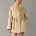 2026 Autumn/Winter Women's Wool Coat, Solid Color Mid-Length Belted Coat with Cashmere Fur, Breathable Loose Outerwear F8917