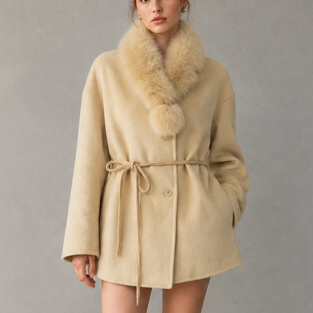 2026 Autumn/Winter Women's Wool Coat, Solid Color Mid-Length Belted Coat with Cashmere Fur, Breathable Loose Outerwear F8917