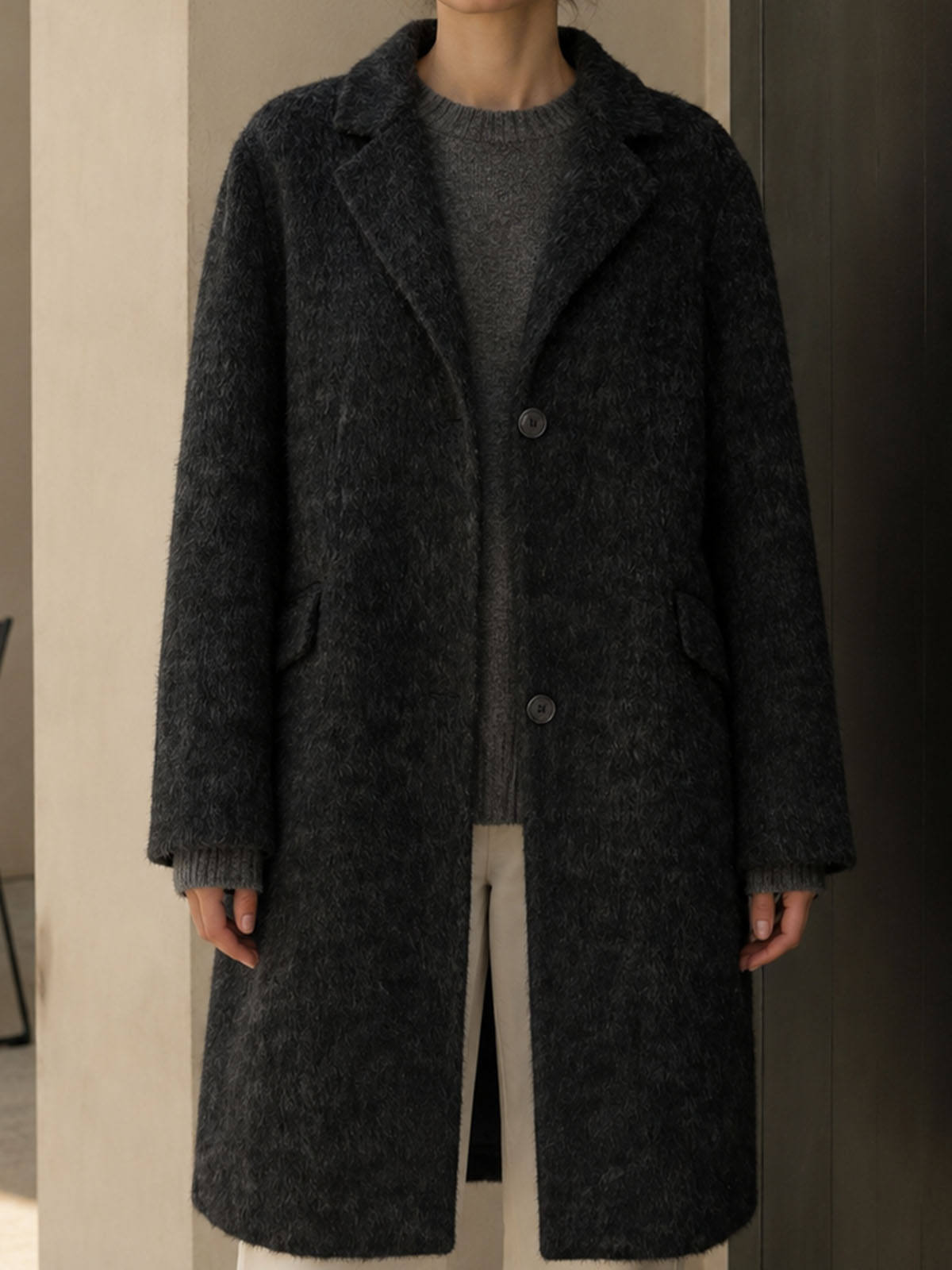 Women's Winter Formal Alpaca Blend Notch Lapel Luxury Hairy Wool Long Overcoat with Double-faced Wool and Single Buttons GC0003