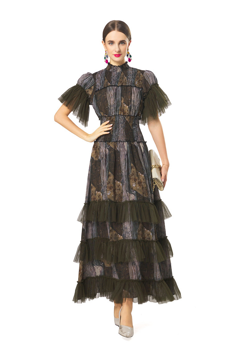 Plus Size Women Elegant Luxury Dress, Splice Mesh Stand Collar Waist Cinched Multi‑Layer Cake Skirt