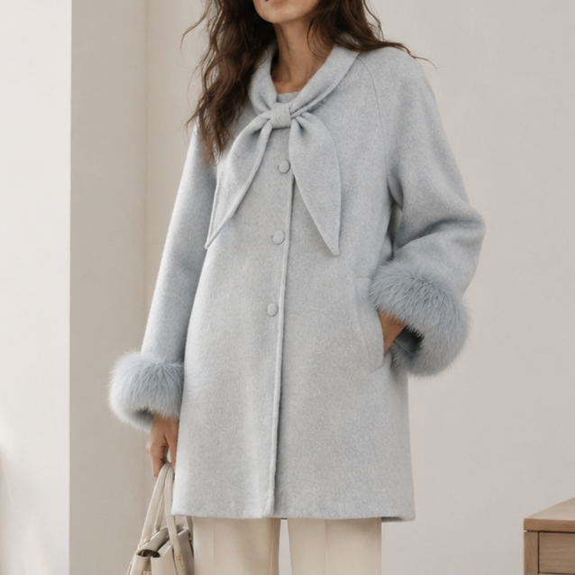 Sweet Ladies Fox Fur Cuff Woven Coat with Bowtie & Button Detail Wool Blend for Spring Autumn Fashion Korean Style L26152
