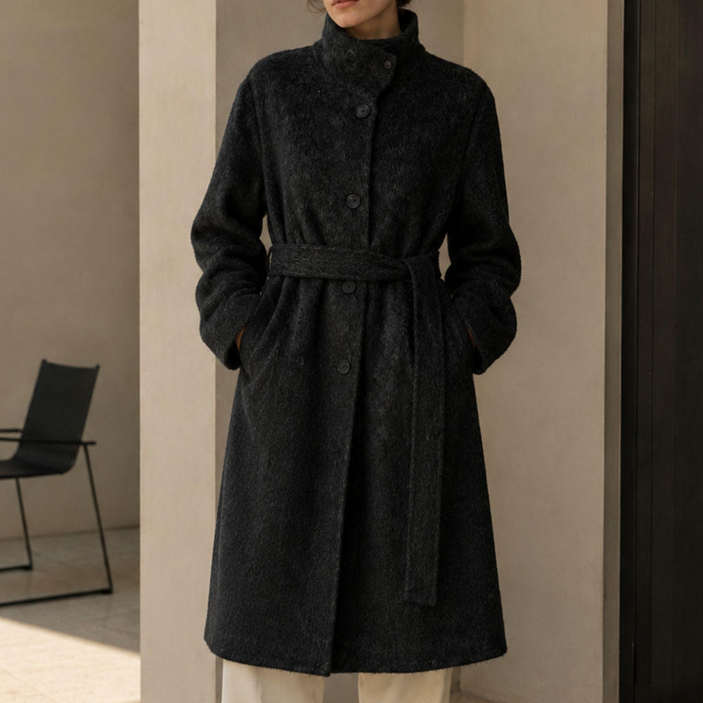 Women's Cashmere Alpaca Blend Woolen Turtleneck Belted Coat Luxury Hairy Wool Regular Winter Overcoat GC0002
