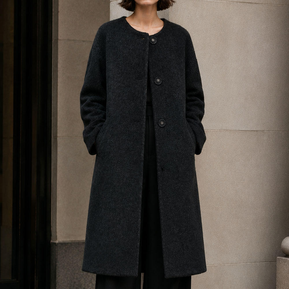 Women's Alpaca Blend Collarless Long Coat Casual Elegant Hairy Wool Winter Overcoat Single Button Thick Solid Color GC0004