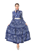Plus Size 2026 New New Chinese Style Dress, Chinese Porcelain Print French Collar Scarf‑Neck Belted Pleated Women Dress