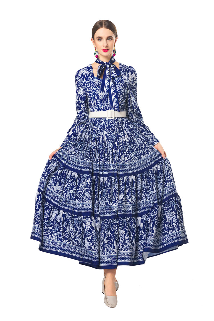 Plus Size 2026 New New Chinese Style Dress, Chinese Porcelain Print French Collar Scarf‑Neck Belted Pleated Women Dress