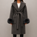 2026 New Women's Winter Wool Coat, Loose Fit with Cinched Waist, Lapel Collar, Detachable Fox Fur Trimmed Sleeves L26036