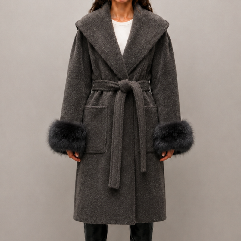 2026 New Women's Winter Wool Coat, Loose Fit with Cinched Waist, Lapel Collar, Detachable Fox Fur Trimmed Sleeves L26036