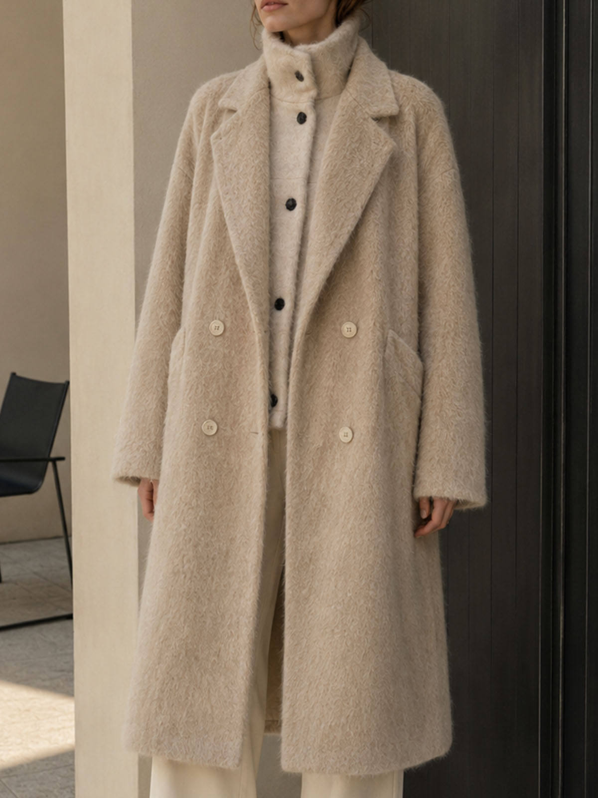 Women's Winter Vintage Woolen Cashmere Alpaca Blend Double Breasted Belted Coat Elegant Regular Overcoat Solid Pattern Made GC0048
