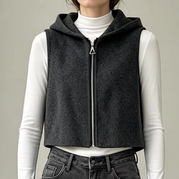 Ladies Woven Cashmere Wool Sleeveless Vest Autumn Double Face Hooded Normcore/Minimalist 8631