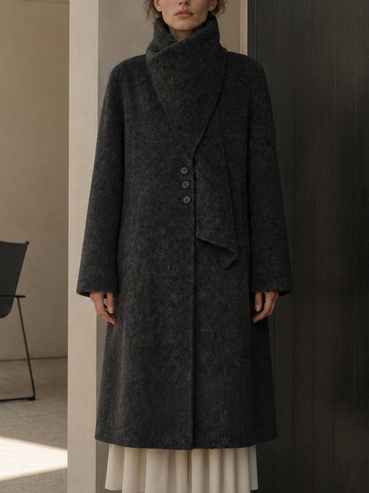 Winter Long Cashmere Trench Coat Turtleneck Collar Breathable Vintage Woolen Closure Nonwoven Casual with Scarf GC0024