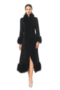 Plus Size High‑End Elegant Classic Black Fall Winter Dress, Ruffle Collar Hand Beaded Coat Dress