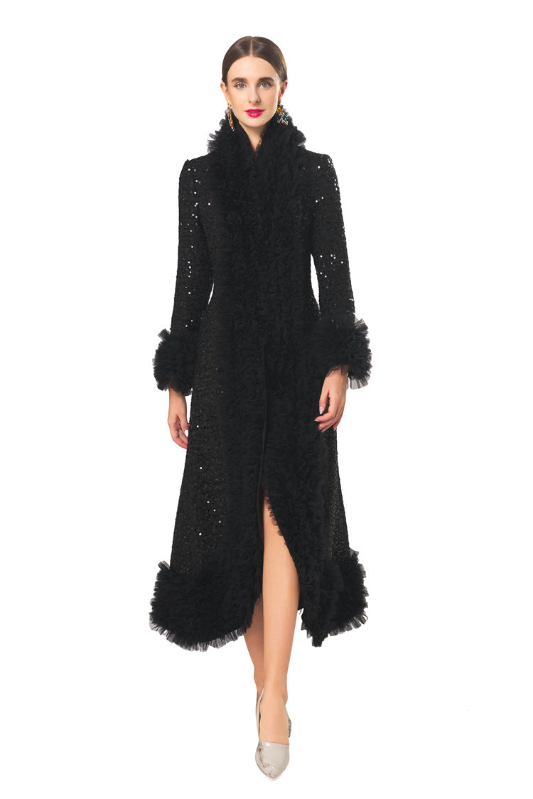 Plus Size High‑End Elegant Classic Black Fall Winter Dress, Ruffle Collar Hand Beaded Coat Dress