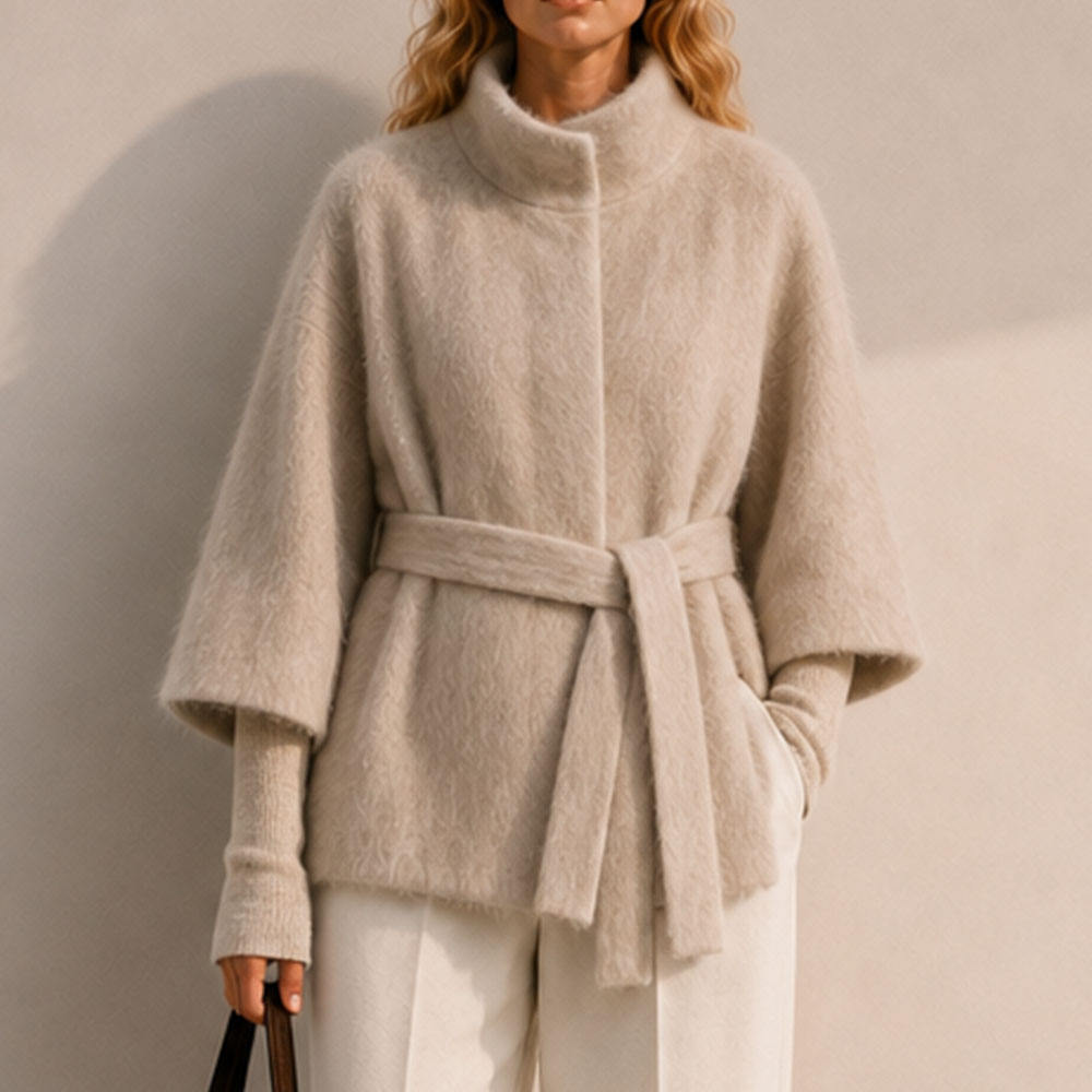 Elegant Brushed Wool Blend Winter Long Thick Coat Women's Turtleneck Cape Sleeve Jacket GC0046