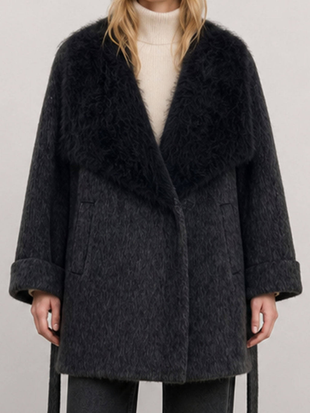 Women's Korean-Style Tweed Wool & Blends Overcoat with Winter Fox-Fur Collar and Belt Minimalist Design H2686