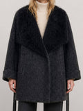Women's Korean-Style Tweed Wool & Blends Overcoat with Winter Fox-Fur Collar and Belt Minimalist Design H2686