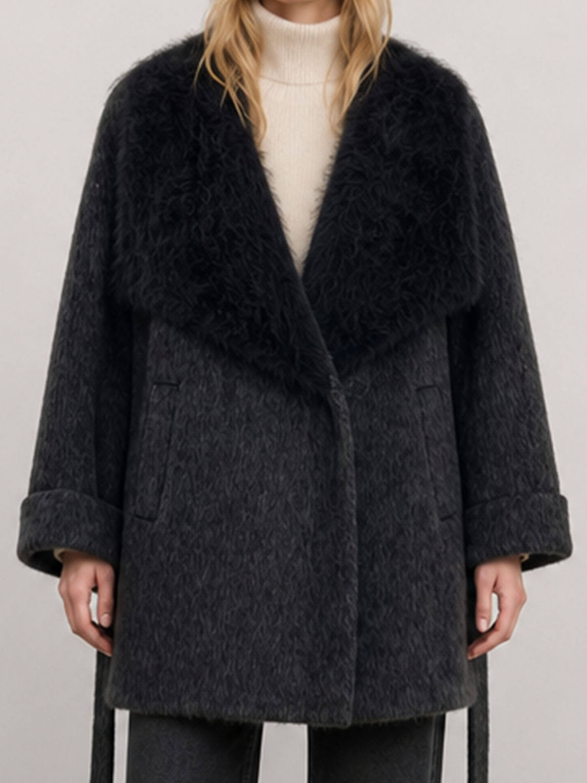 Women's Korean-Style Tweed Wool & Blends Overcoat with Winter Fox-Fur Collar and Belt Minimalist Design H2686