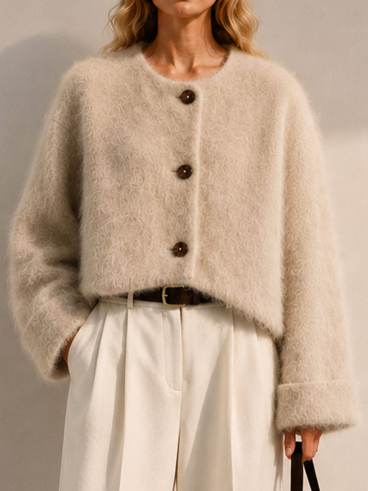 Women's Brushed Wool Cashmere Blend Elegant Single Breasted Button Collarless Winter Jacket Soft Hairy Texture GC0037
