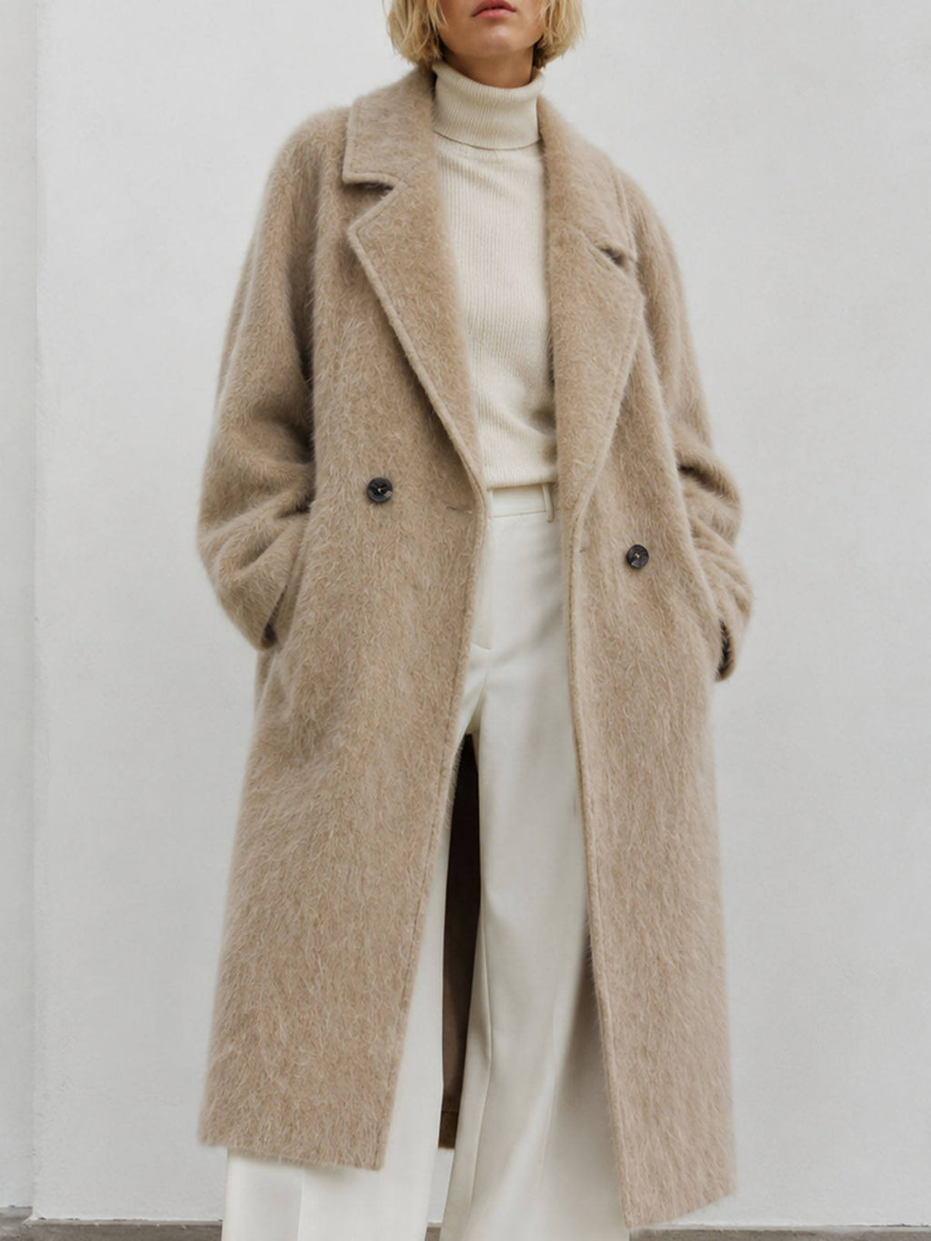 Women's Alpaca Blend Double Breasted Long Coat Stand Collar Thick Elegant Hairy Wool Winter Overcoat GC0050