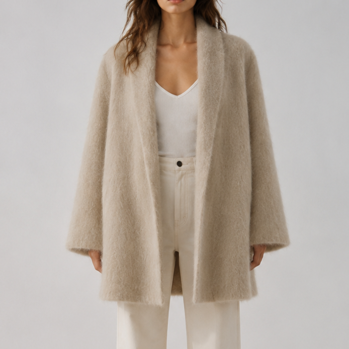 Women's Alpaca Blend V-neck Casual Open Front Brushed Wool Coat with Long Hair Winter GC0043