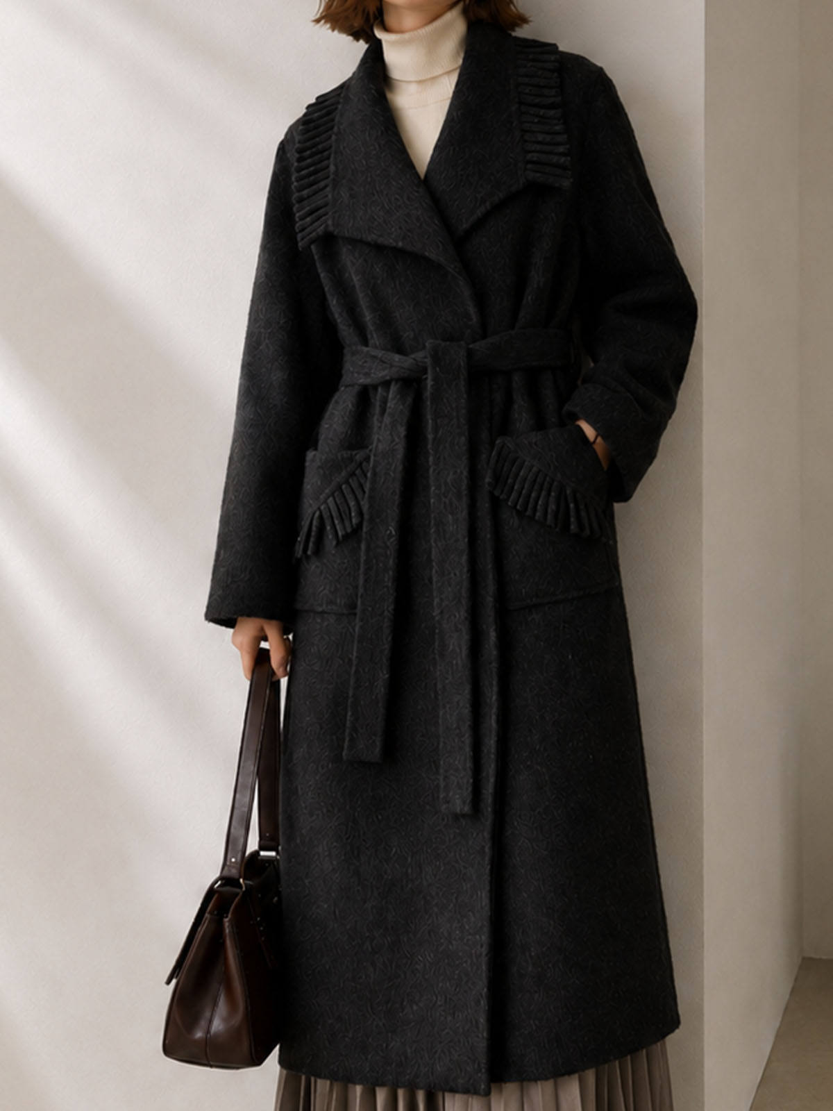 Women's Belted Cashmere Wool Blend Long Coat with Pleated Detail Elegant Winter Overcoat Hand Sewn GC0007
